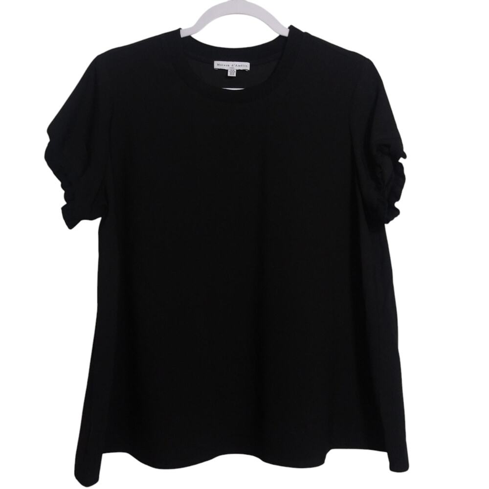 MAISON D'AMELIE Paris Black Short Sleeve Ruffle Trim Blouse Contemporary Size M